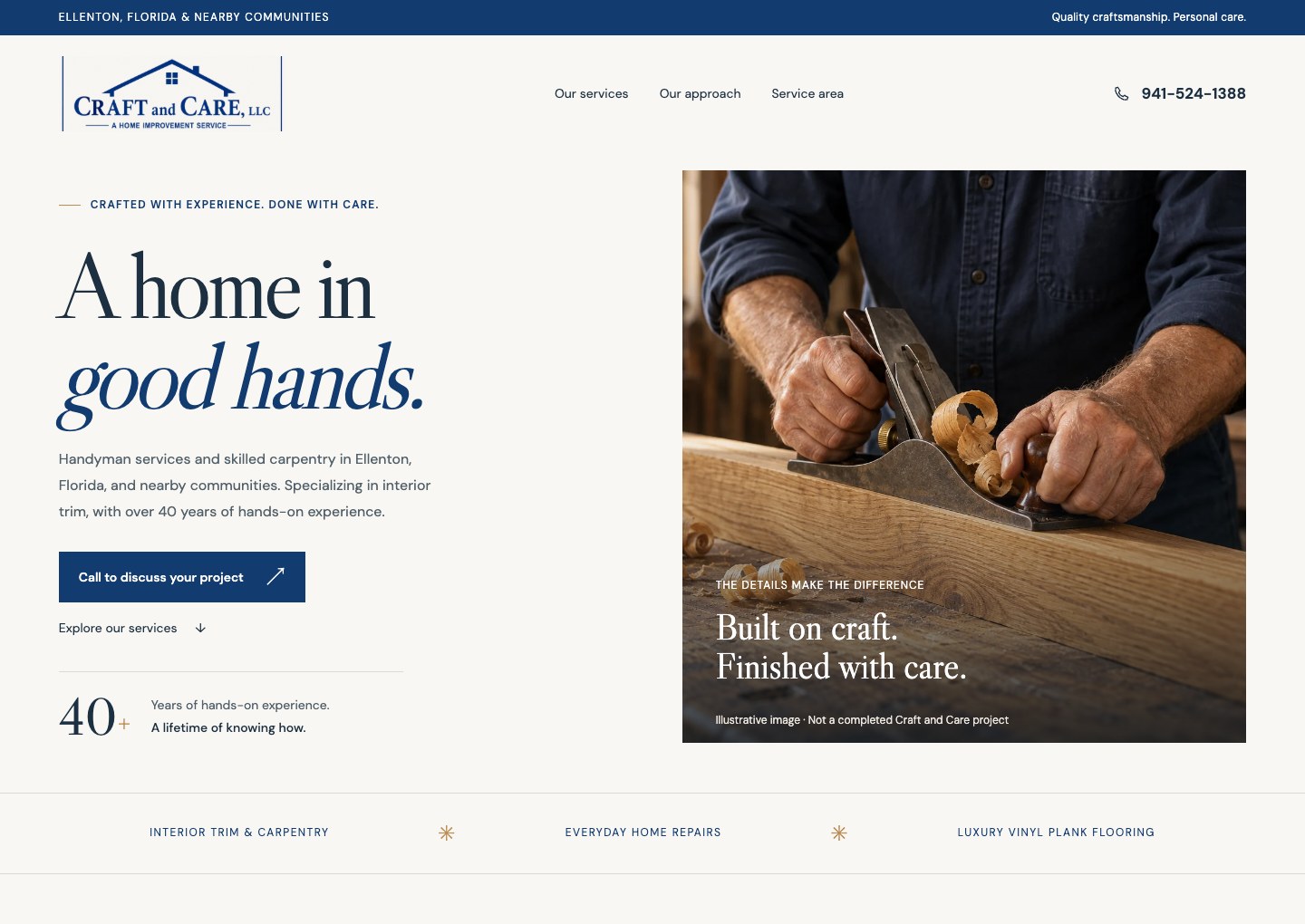 Craft and Care LLC's live website, with a cream and navy design, carpentry photography, and the headline A home in good hands
